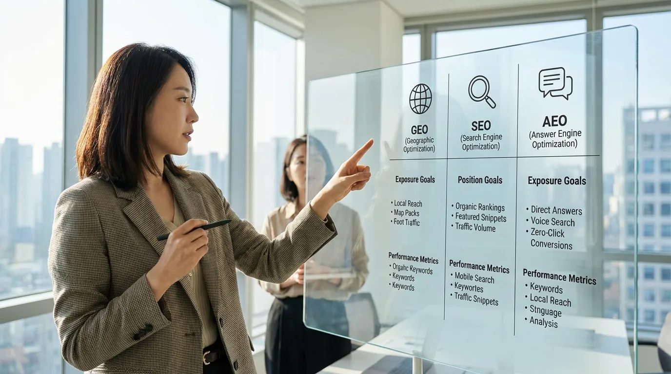 GEO SEO AEO 차이 노출 위치와 목표별 세부 비교